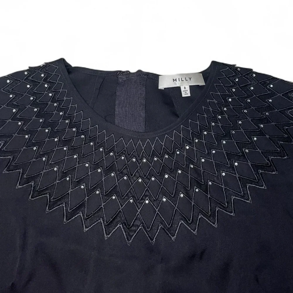 Milly NYC SILK Rhinestone Embellished Round Neck Layered Top Size 8 Blouse - Picture 5 of 8